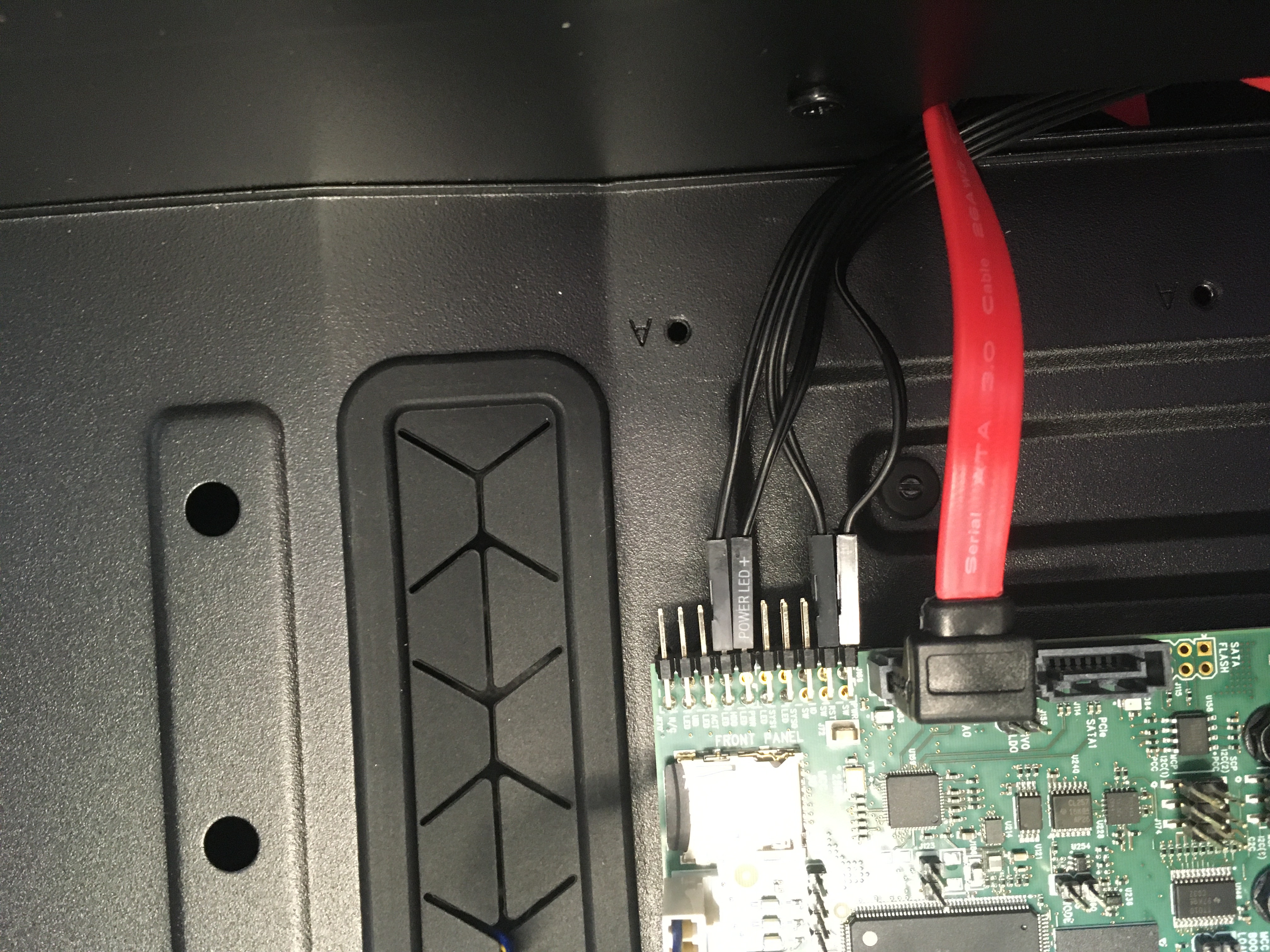 Close-up of edge connectors from motherboard to front panel
